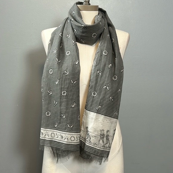 Franco Ferrari Cotton Silk Nautical  Grey White Scarf Made In Italy - Picture 1 of 17